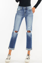 Kancan High Waist Distressed Hem Cropped Straight Jeans - Trendy Women's Denim